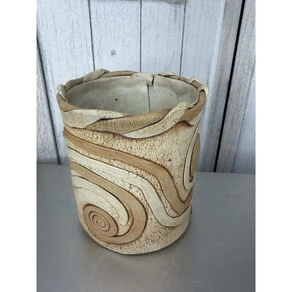 Vintage Signed Art Pottery Coil Vase Artist Swirl Brown Handmade Unique